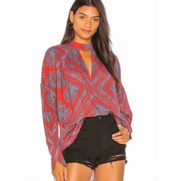 Free People Walking On A Dream Keyhole Long Sleeve Tunic Top Red Blue - Picture 2 of 11